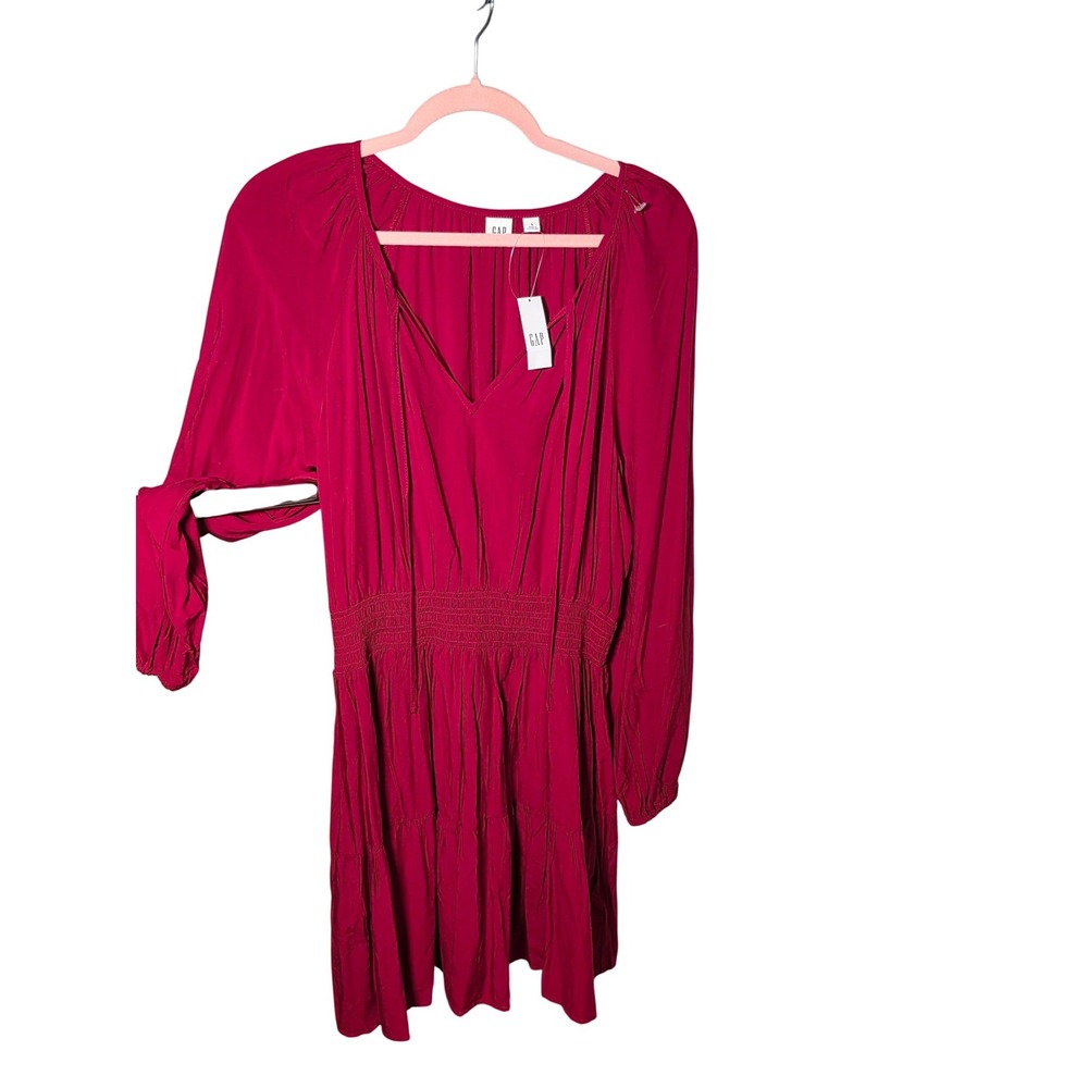 Gap Women red Smocked Waist Tiered Mini Dress V-Neck Long Sleeve Large NWT